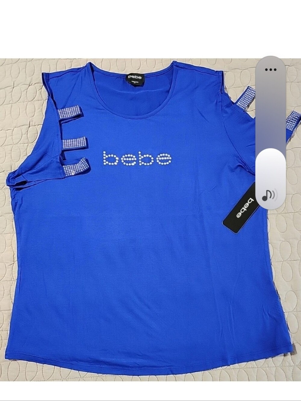 Bebe Women’s Cobalt Blue Tee Rhinestone Bling Logo Cold Shoulder Cut Out